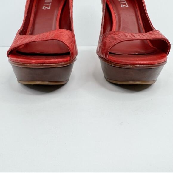 Schutz shoes women's 6 red leather reptile skin peep toe platform stiletto heels - Picture 6 of 13